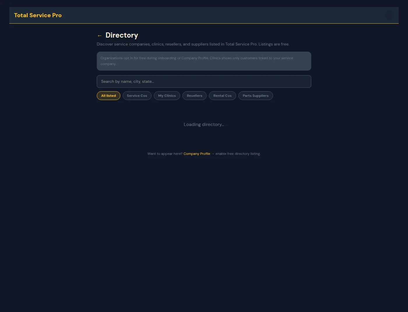 Directory search to find a repair company among service companies, clinics, resellers, and suppliers