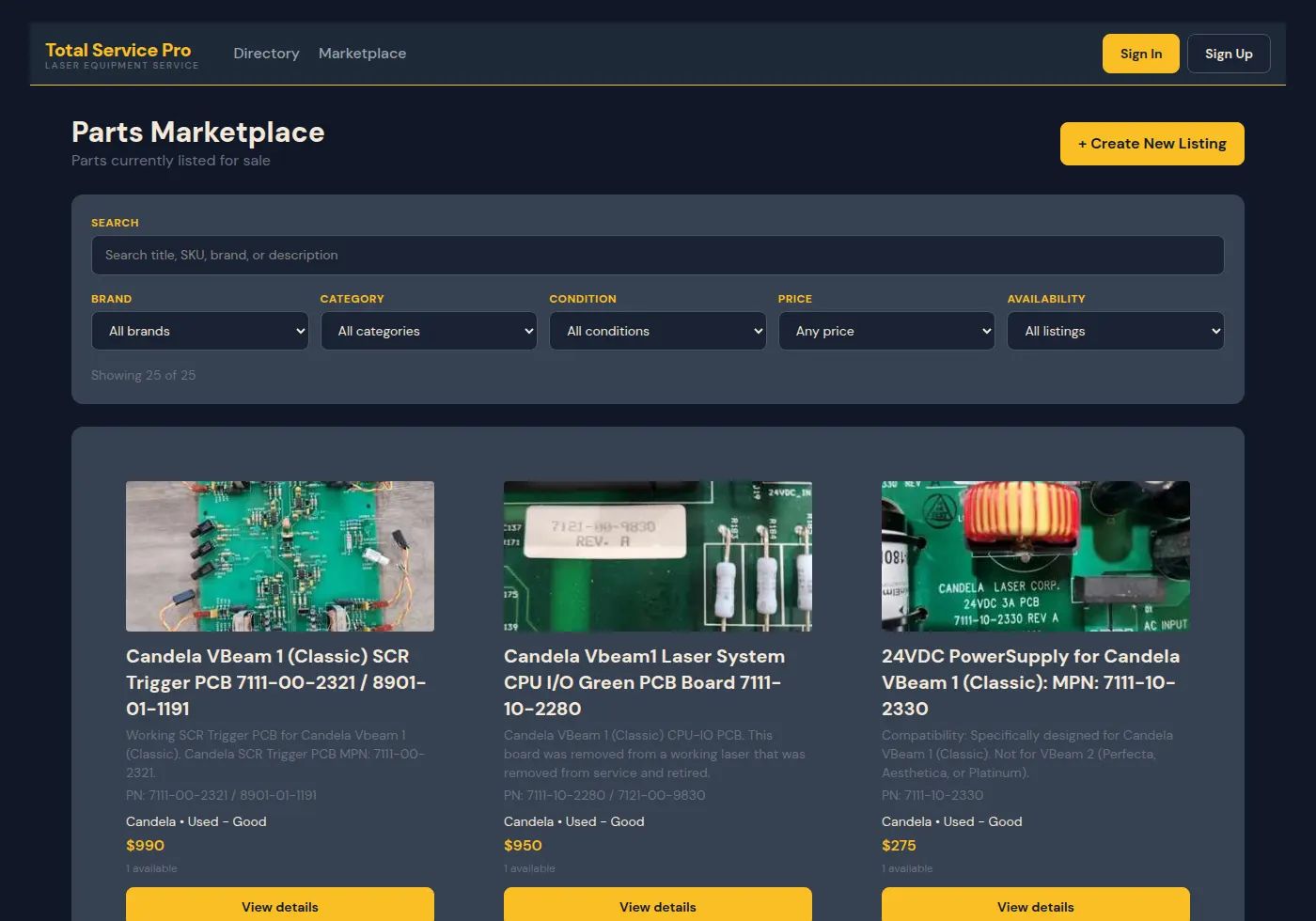 Parts marketplace with live Candela listings and prices