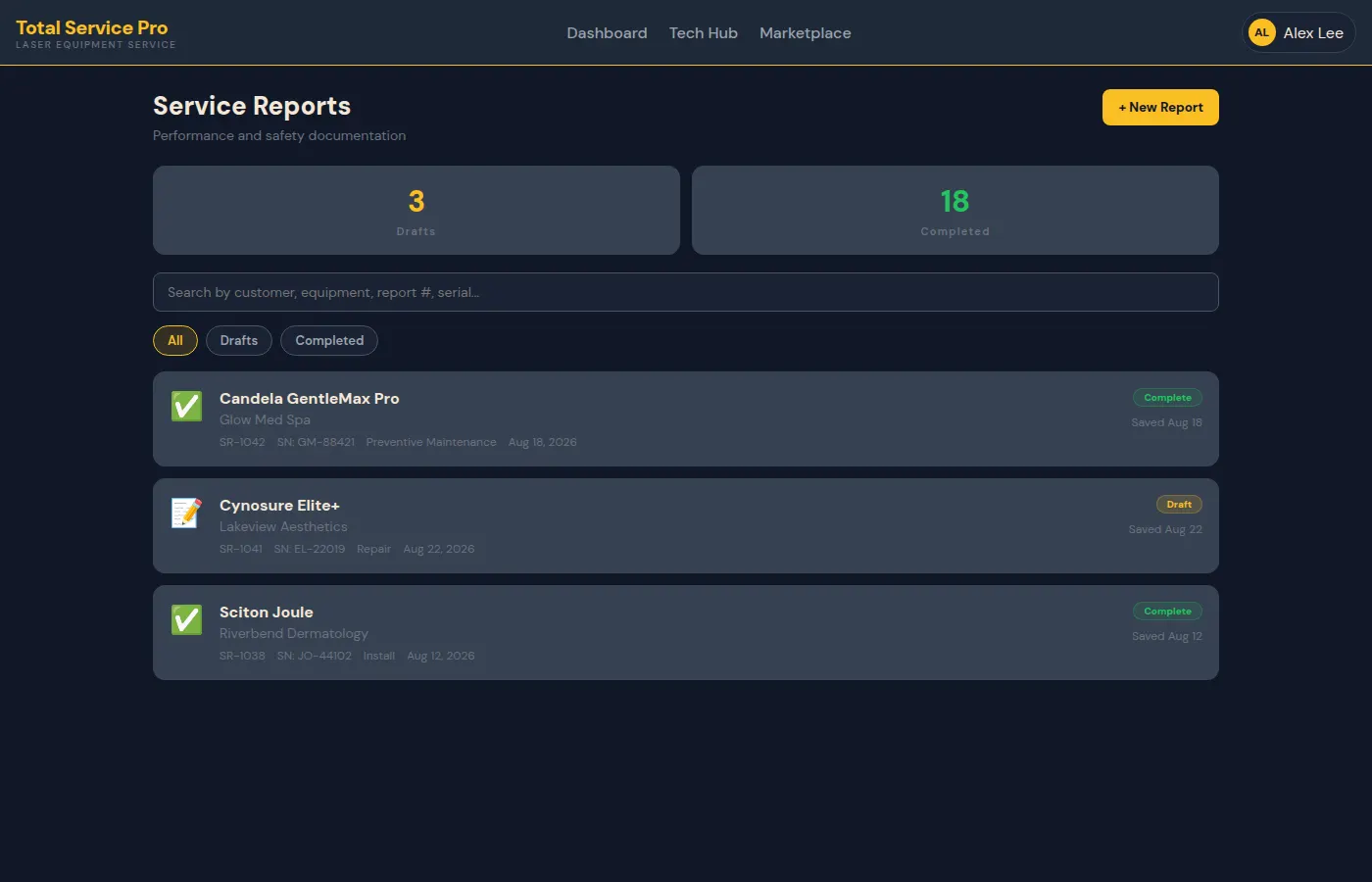 Service reports list with drafts and completed work