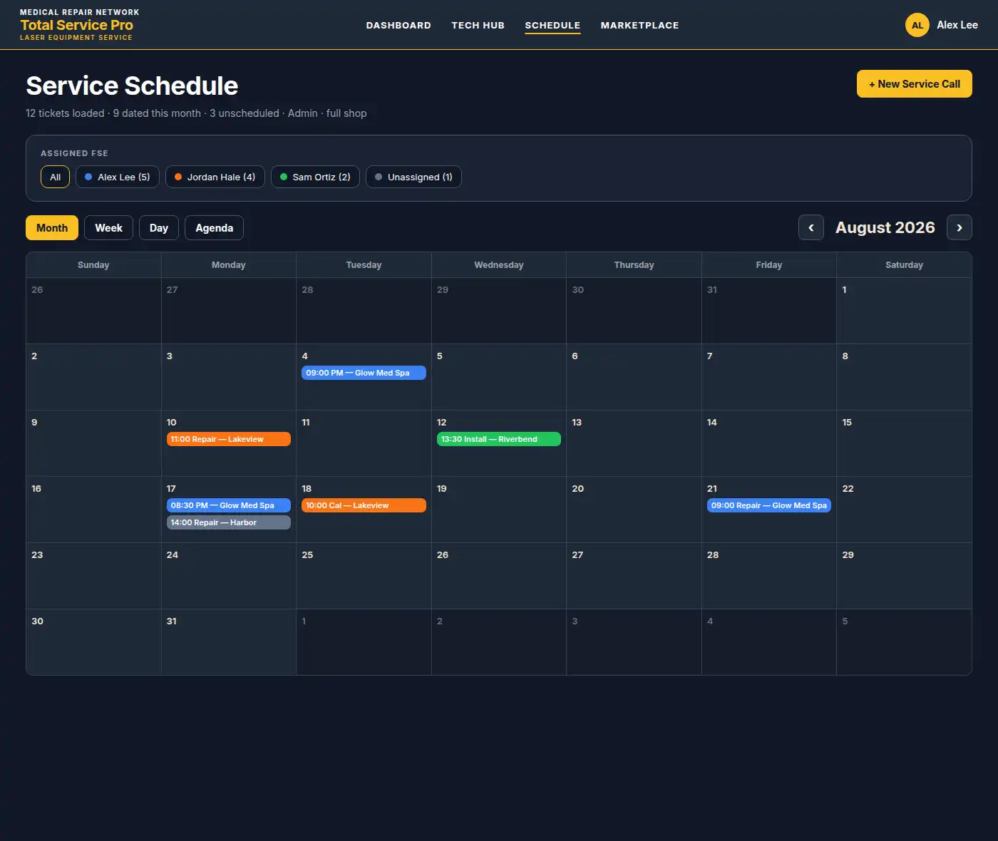 Color-coded shop schedule with assigned field engineer legend for Alex Lee, Jordan Hale, Sam Ortiz, and Unassigned